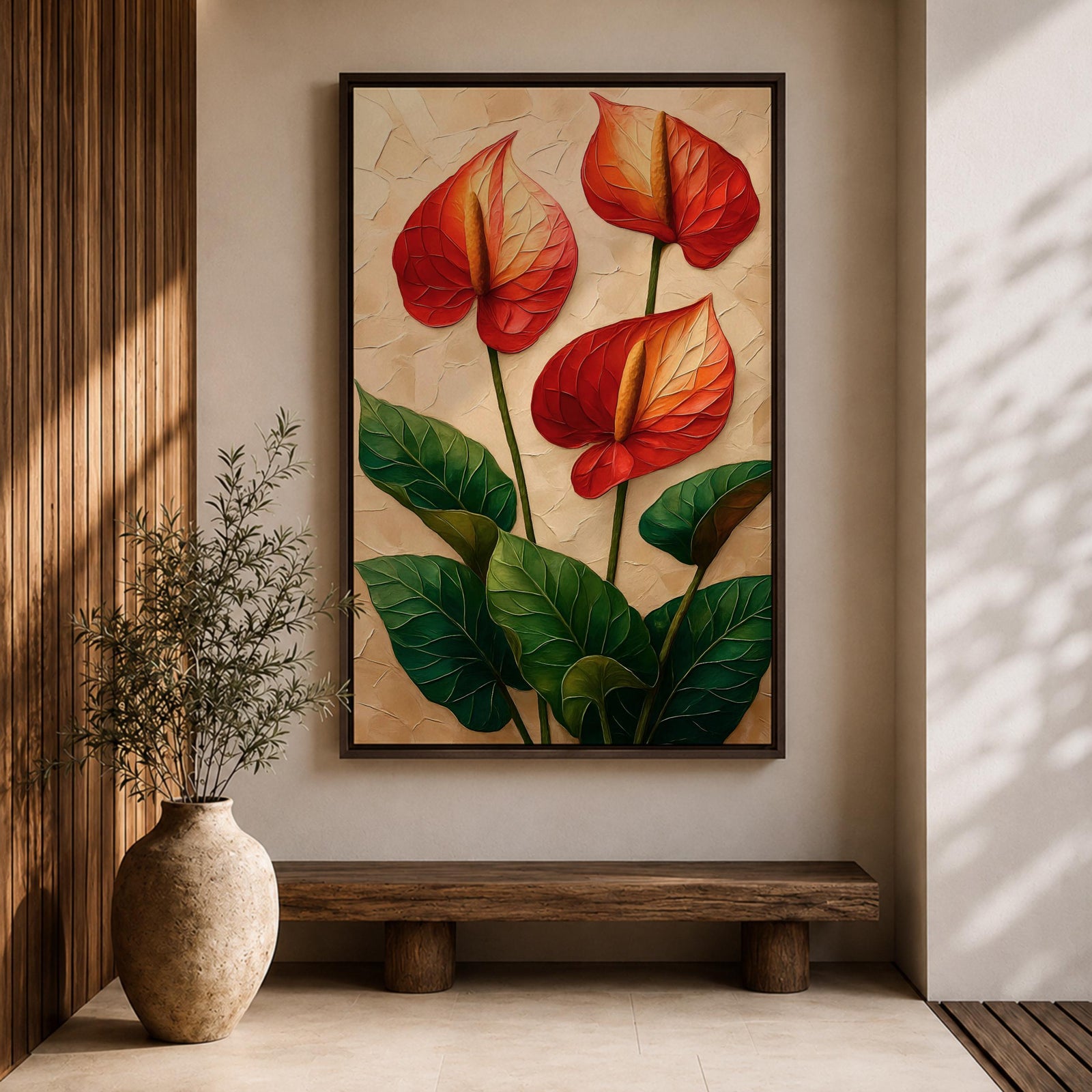 A detailed painting of three Anthurium flowers with vibrant red and orange spathes and prominent yellow spadices, surrounded by large green leaves. The artwork features a textured background with a naturalistic style emphasizing botanical detail and lush foliage.