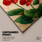 A detailed painting of three Anthurium flowers with vibrant red and orange spathes and prominent yellow spadices, surrounded by large green leaves. The artwork features a textured background with a naturalistic style emphasizing botanical detail and lush foliage.