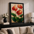 A detailed painting of three Anthurium flowers with vibrant red and orange spathes and prominent yellow spadices, surrounded by large green leaves. The artwork features a textured background with a naturalistic style emphasizing botanical detail and lush foliage.