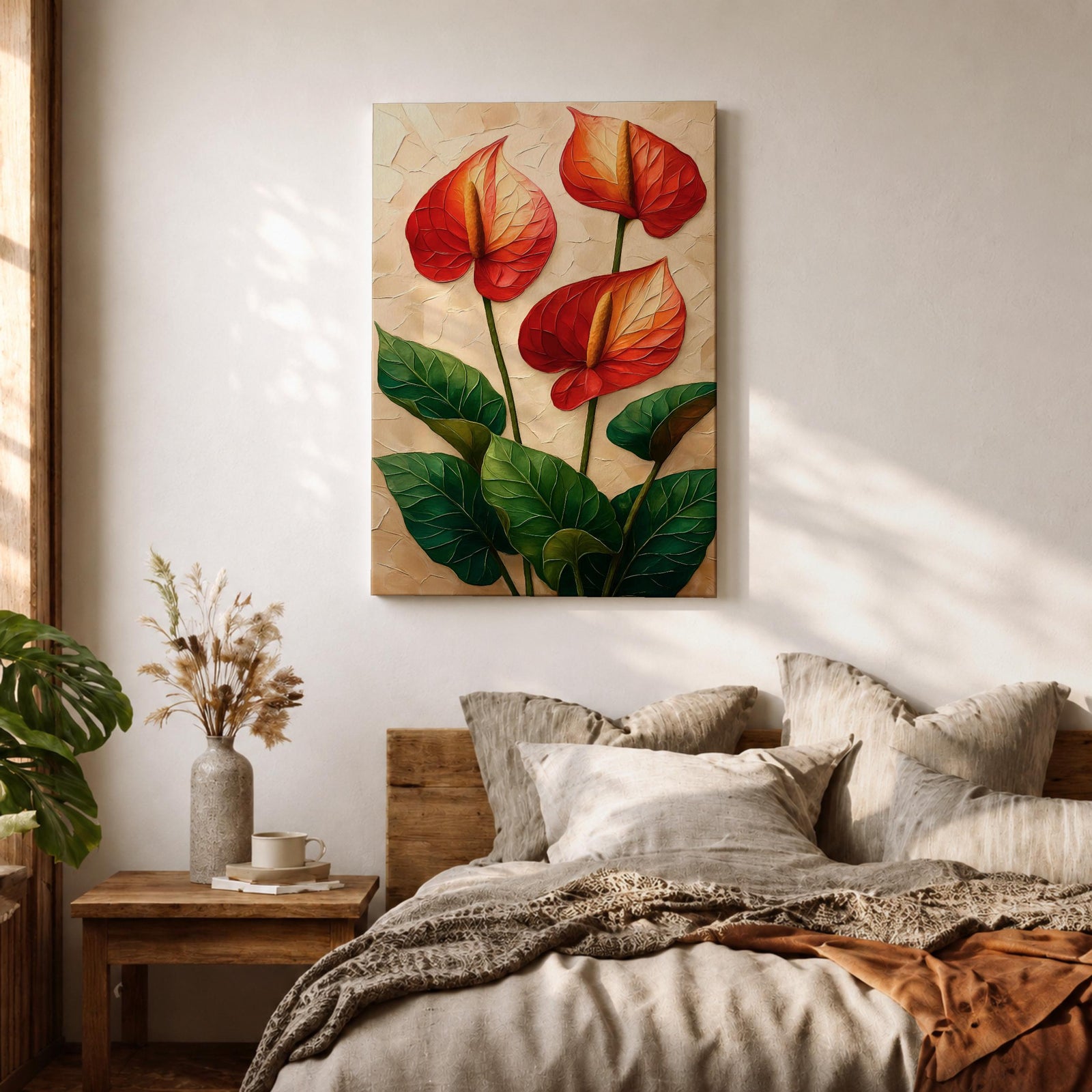 A detailed painting of three Anthurium flowers with vibrant red and orange spathes and prominent yellow spadices, surrounded by large green leaves. The artwork features a textured background with a naturalistic style emphasizing botanical detail and lush foliage.