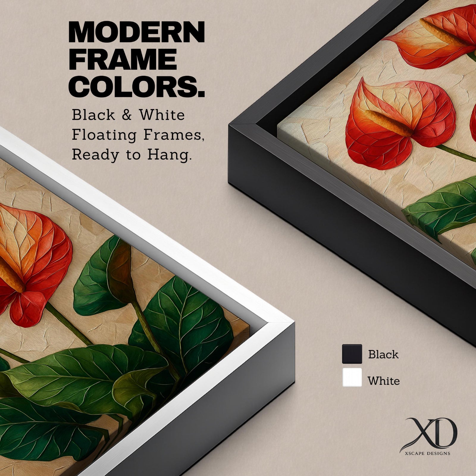 A detailed painting of three Anthurium flowers with vibrant red and orange spathes and prominent yellow spadices, surrounded by large green leaves. The artwork features a textured background with a naturalistic style emphasizing botanical detail and lush foliage.