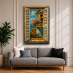 A vibrant painting depicting a Mediterranean window with open shutters revealing a balcony adorned with blooming flowers overlooking the sea under a bright blue sky. The scene captures a coastal landscape with textured brushstrokes emphasizing the rustic charm and natural beauty of the setting.