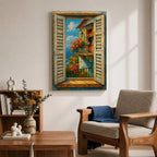 A vibrant painting depicting a Mediterranean window with open shutters revealing a balcony adorned with blooming flowers overlooking the sea under a bright blue sky. The scene captures a coastal landscape with textured brushstrokes emphasizing the rustic charm and natural beauty of the setting.