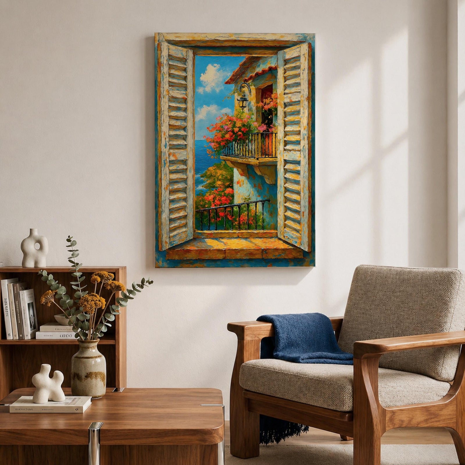 A vibrant painting depicting a Mediterranean window with open shutters revealing a balcony adorned with blooming flowers overlooking the sea under a bright blue sky. The scene captures a coastal landscape with textured brushstrokes emphasizing the rustic charm and natural beauty of the setting.