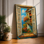 A vibrant painting depicting a Mediterranean window with open shutters revealing a balcony adorned with blooming flowers overlooking the sea under a bright blue sky. The scene captures a coastal landscape with textured brushstrokes emphasizing the rustic charm and natural beauty of the setting.
