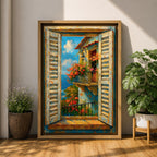A vibrant painting depicting a Mediterranean window with open shutters revealing a balcony adorned with blooming flowers overlooking the sea under a bright blue sky. The scene captures a coastal landscape with textured brushstrokes emphasizing the rustic charm and natural beauty of the setting.