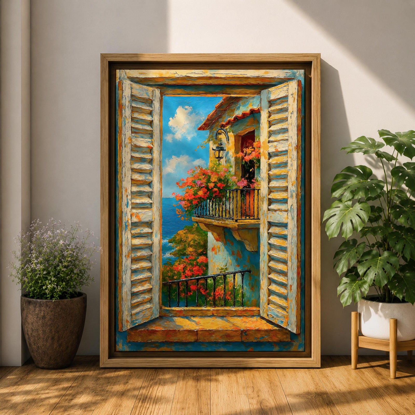 A vibrant painting depicting a Mediterranean window with open shutters revealing a balcony adorned with blooming flowers overlooking the sea under a bright blue sky. The scene captures a coastal landscape with textured brushstrokes emphasizing the rustic charm and natural beauty of the setting.