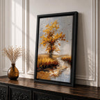 A textured impasto painting of a golden tree with autumn leaves beside a winding stream in a natural landscape. The artwork features thick brush strokes creating depth and movement with a muted sky and flying birds in the background.
