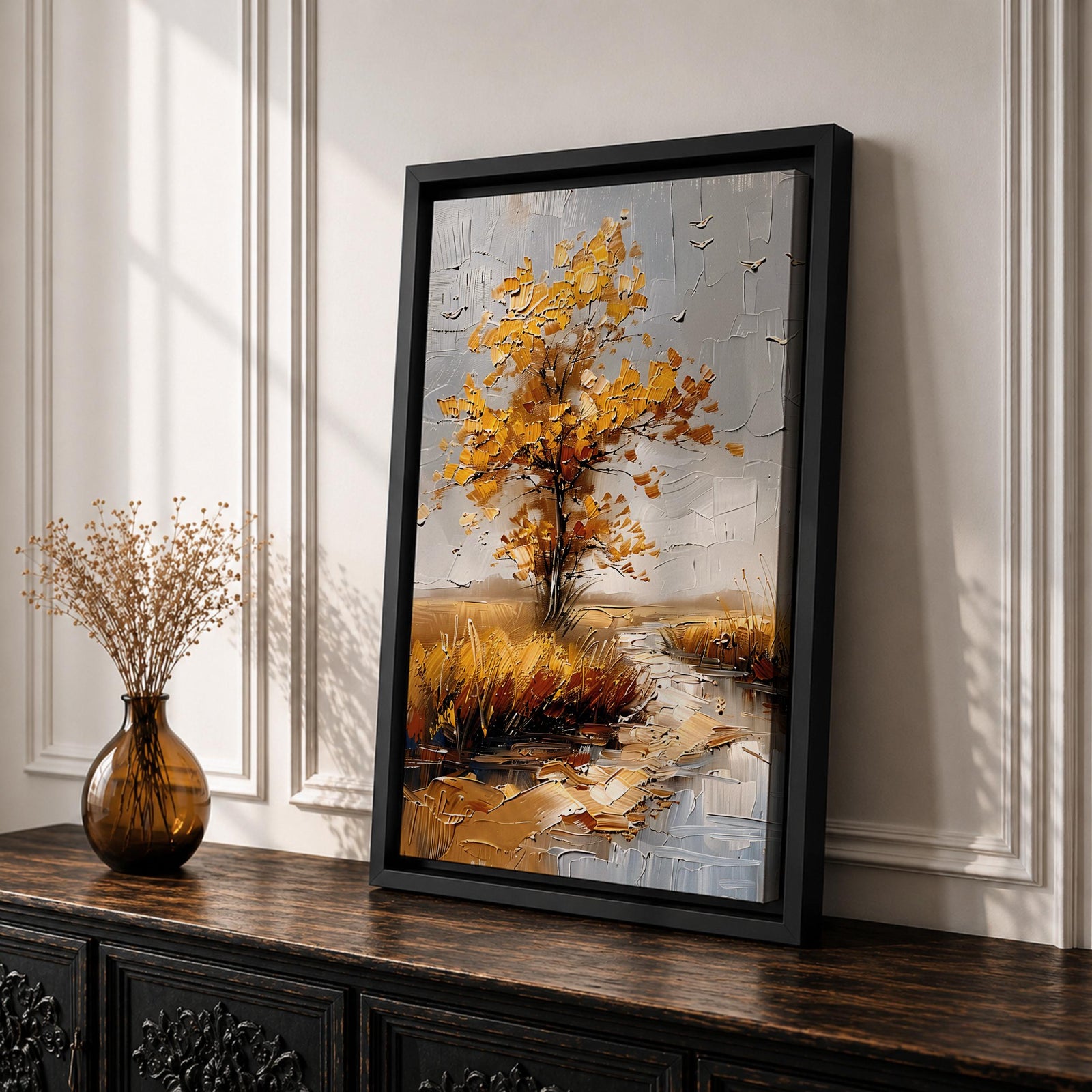 A textured impasto painting of a golden tree with autumn leaves beside a winding stream in a natural landscape. The artwork features thick brush strokes creating depth and movement with a muted sky and flying birds in the background.