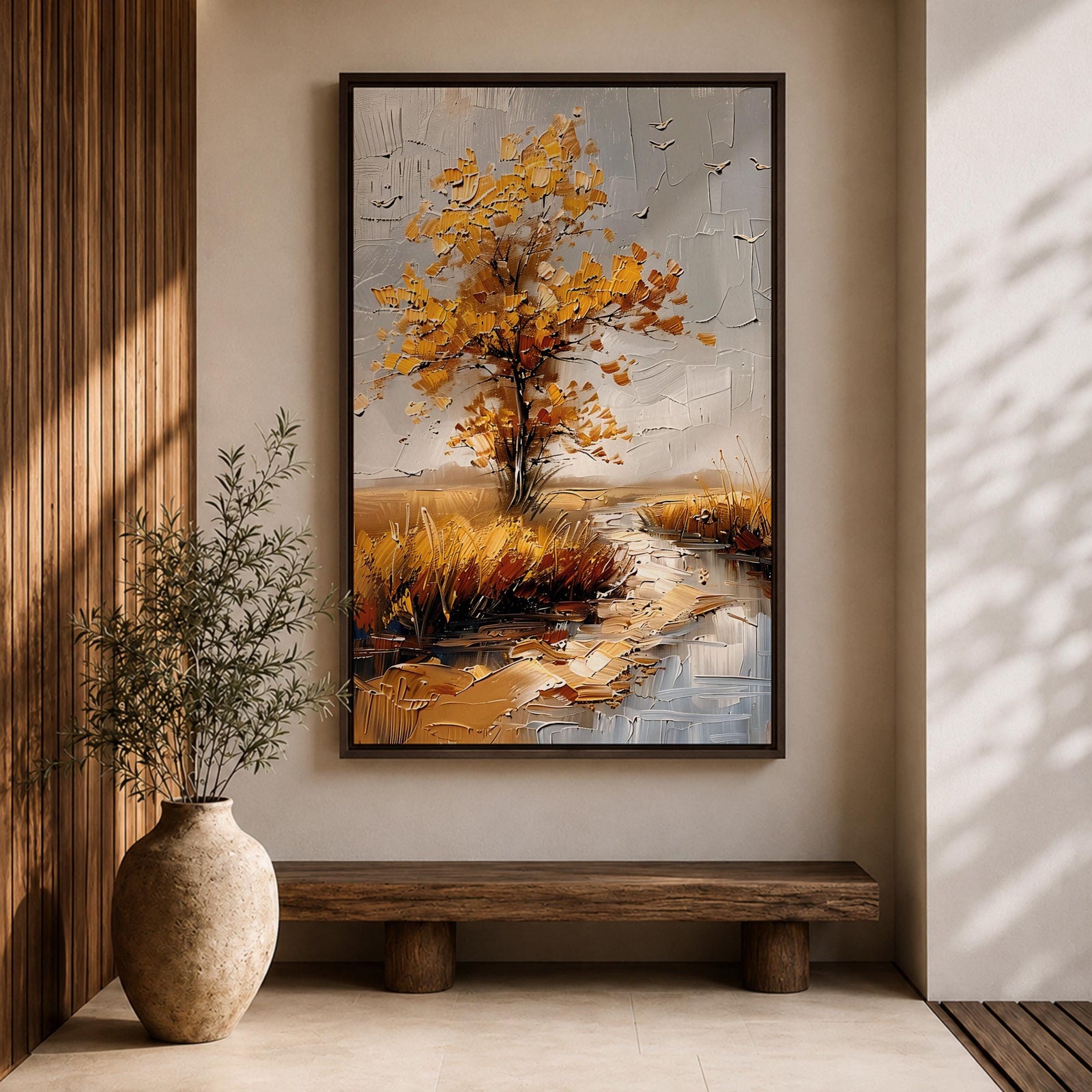 A textured impasto painting of a golden tree with autumn leaves beside a winding stream in a natural landscape. The artwork features thick brush strokes creating depth and movement with a muted sky and flying birds in the background.