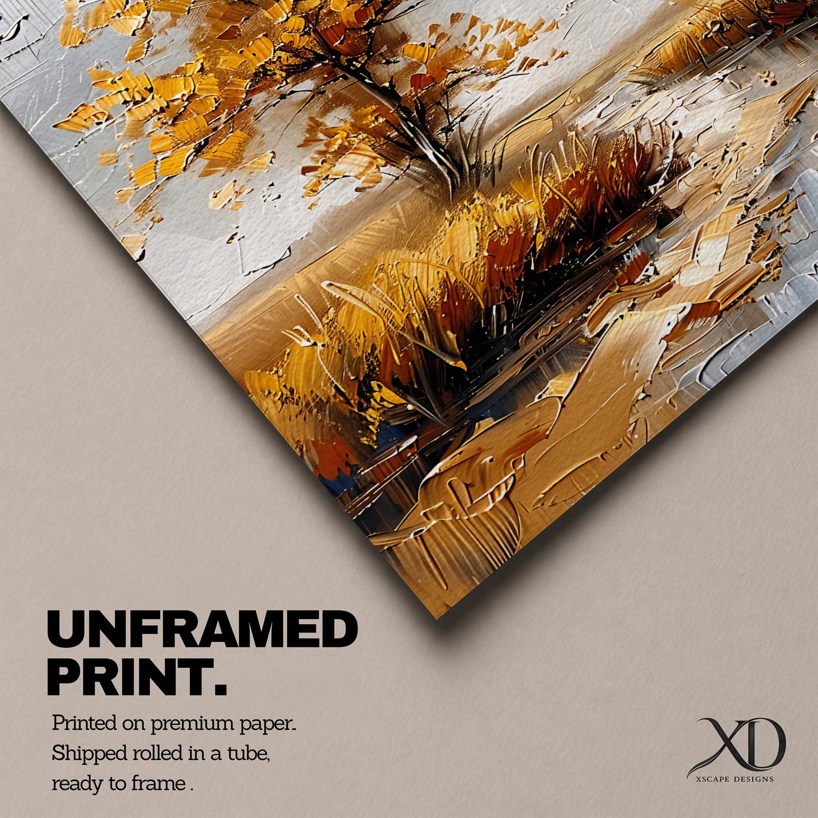 A textured impasto painting of a golden tree with autumn leaves beside a winding stream in a natural landscape. The artwork features thick brush strokes creating depth and movement with a muted sky and flying birds in the background.