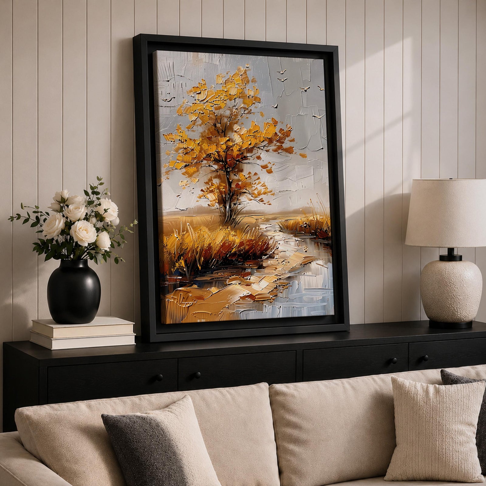 A textured impasto painting of a golden tree with autumn leaves beside a winding stream in a natural landscape. The artwork features thick brush strokes creating depth and movement with a muted sky and flying birds in the background.