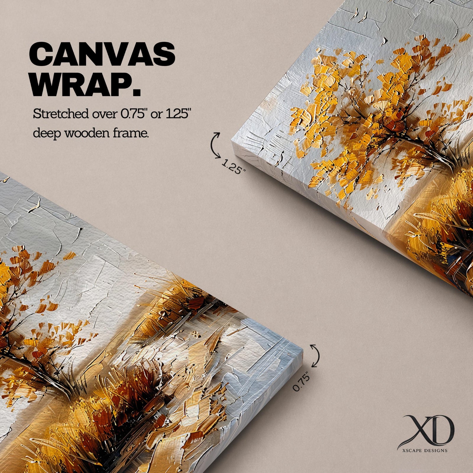 A textured impasto painting of a golden tree with autumn leaves beside a winding stream in a natural landscape. The artwork features thick brush strokes creating depth and movement with a muted sky and flying birds in the background.