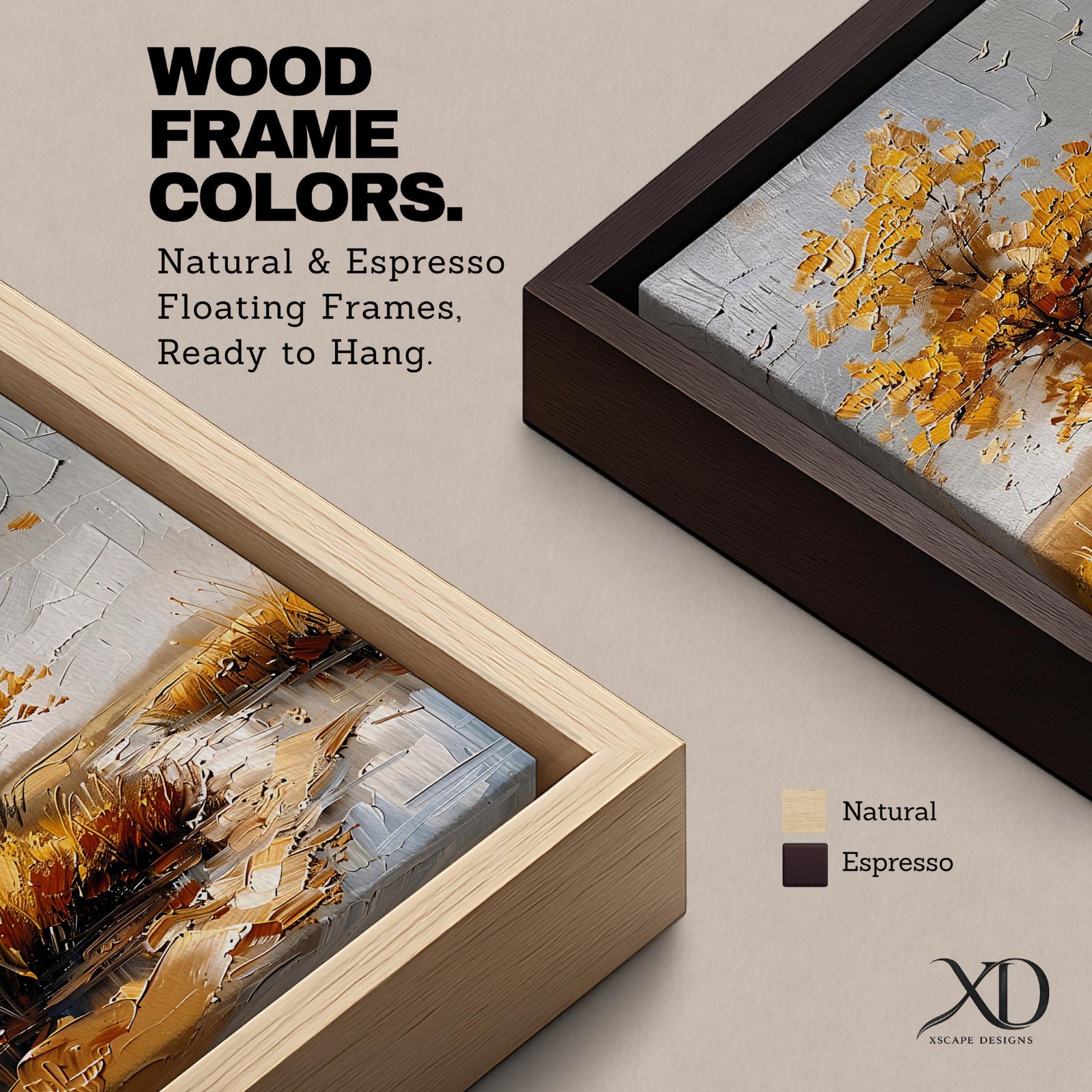 A textured impasto painting of a golden tree with autumn leaves beside a winding stream in a natural landscape. The artwork features thick brush strokes creating depth and movement with a muted sky and flying birds in the background.