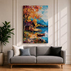 An impasto style painting depicting an autumn lake scene with a wooden cabin by the water’s edge, surrounded by vibrant fall foliage and distant mountains under a partly cloudy sky, rendered with thick textured brushstrokes.