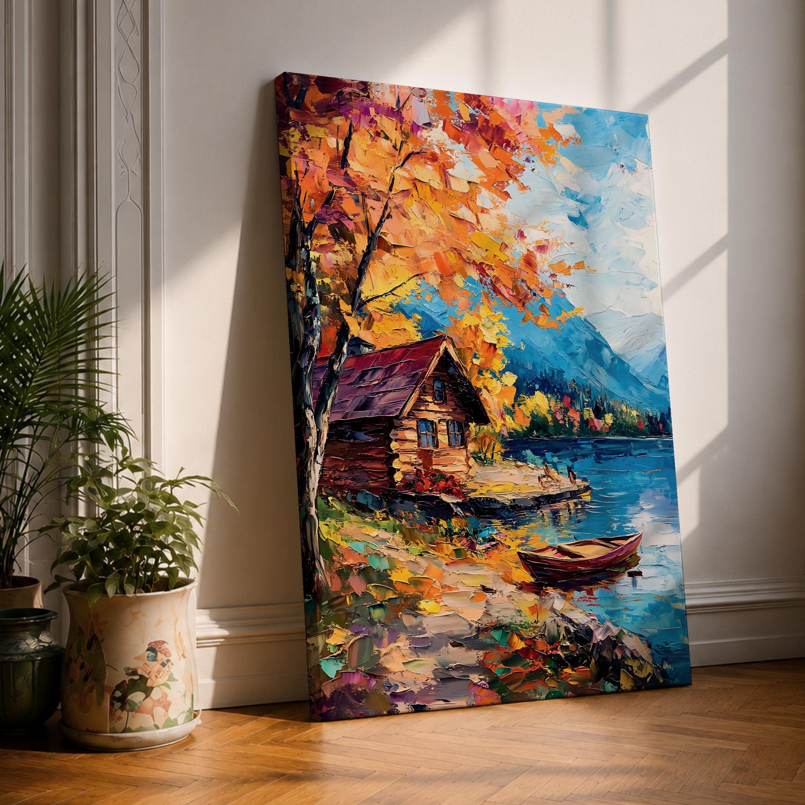 An impasto style painting depicting an autumn lake scene with a wooden cabin by the water’s edge, surrounded by vibrant fall foliage and distant mountains under a partly cloudy sky, rendered with thick textured brushstrokes.