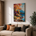 An impasto style painting depicting an autumn lake scene with a wooden cabin by the water’s edge, surrounded by vibrant fall foliage and distant mountains under a partly cloudy sky, rendered with thick textured brushstrokes.