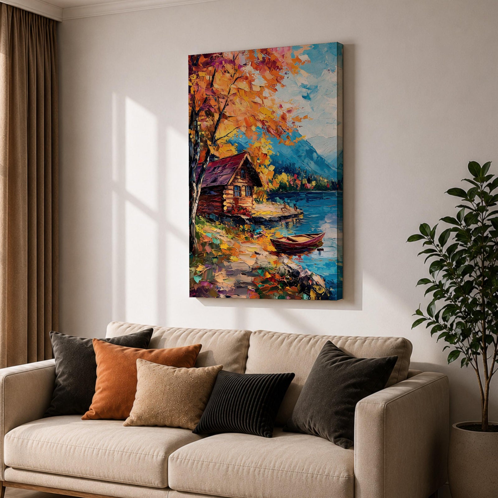 An impasto style painting depicting an autumn lake scene with a wooden cabin by the water’s edge, surrounded by vibrant fall foliage and distant mountains under a partly cloudy sky, rendered with thick textured brushstrokes.