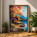 An impasto style painting depicting an autumn lake scene with a wooden cabin by the water’s edge, surrounded by vibrant fall foliage and distant mountains under a partly cloudy sky, rendered with thick textured brushstrokes.