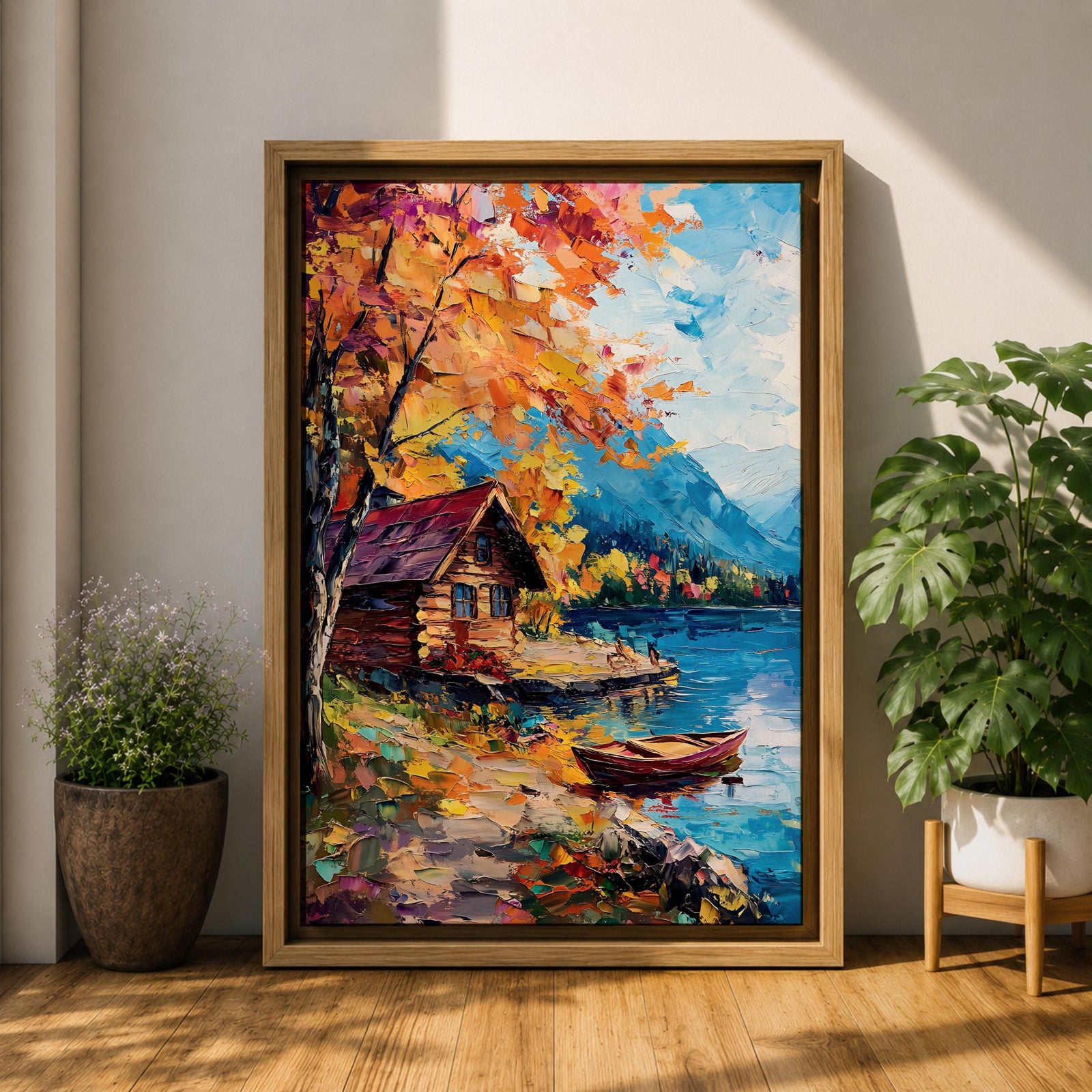 An impasto style painting depicting an autumn lake scene with a wooden cabin by the water’s edge, surrounded by vibrant fall foliage and distant mountains under a partly cloudy sky, rendered with thick textured brushstrokes.