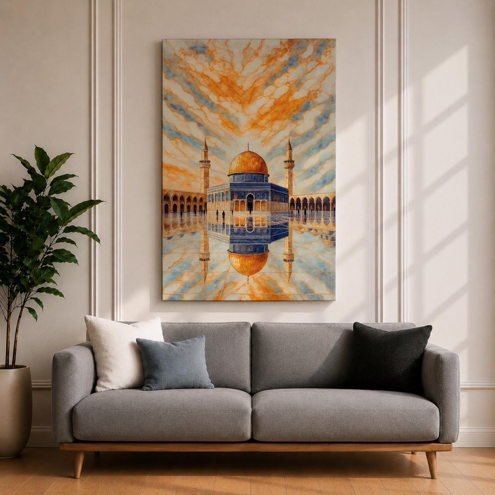 Masjid Al Aqsa wall art featuring the golden dome of the Dome of the Rock in Jerusalem with a reflective courtyard and dramatic sky above the mosque. Islamic architecture artwork capturing the beauty of the holy site in framed canvas decor for Muslim homes.