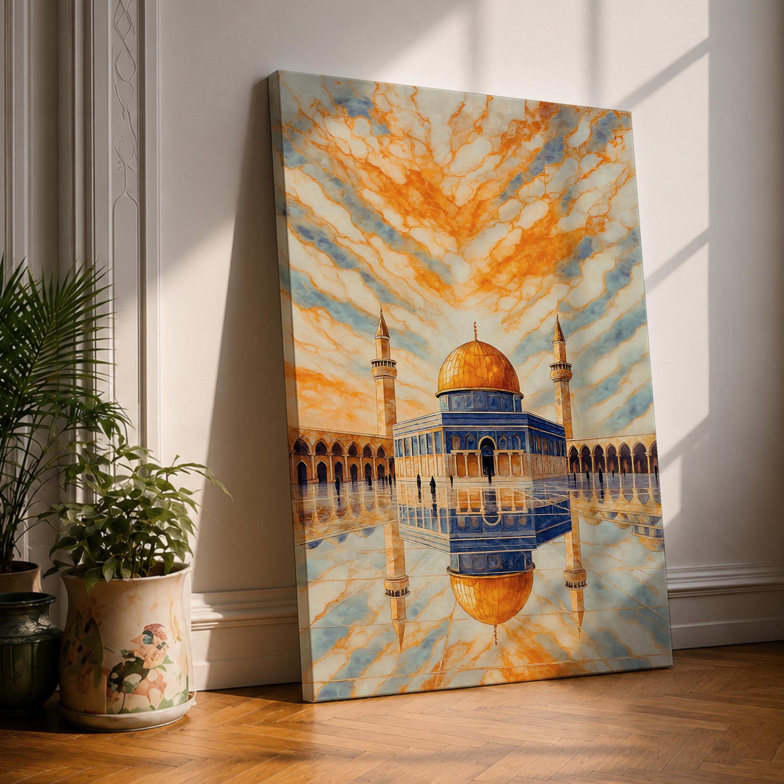 Masjid Al Aqsa wall art featuring the golden dome of the Dome of the Rock in Jerusalem with a reflective courtyard and dramatic sky above the mosque. Islamic architecture artwork capturing the beauty of the holy site in framed canvas decor for Muslim homes.