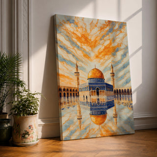 Masjid Al Aqsa wall art featuring the golden dome of the Dome of the Rock in Jerusalem with a reflective courtyard and dramatic sky above the mosque. Islamic architecture artwork capturing the beauty of the holy site in framed canvas decor for Muslim homes.