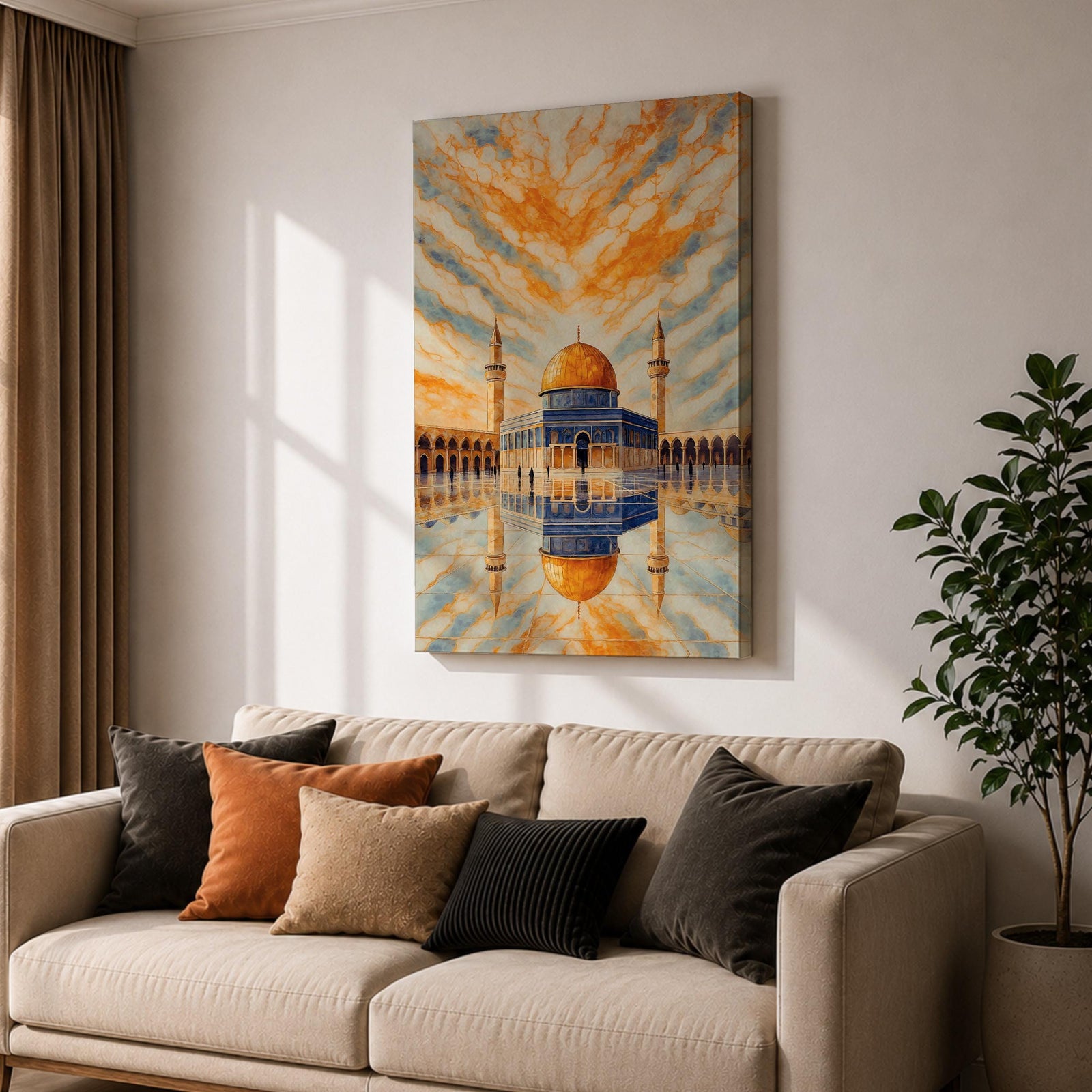 Masjid Al Aqsa wall art featuring the golden dome of the Dome of the Rock in Jerusalem with a reflective courtyard and dramatic sky above the mosque. Islamic architecture artwork capturing the beauty of the holy site in framed canvas decor for Muslim homes.