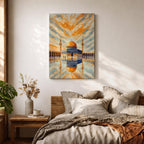 Masjid Al Aqsa wall art featuring the golden dome of the Dome of the Rock in Jerusalem with a reflective courtyard and dramatic sky above the mosque. Islamic architecture artwork capturing the beauty of the holy site in framed canvas decor for Muslim homes.