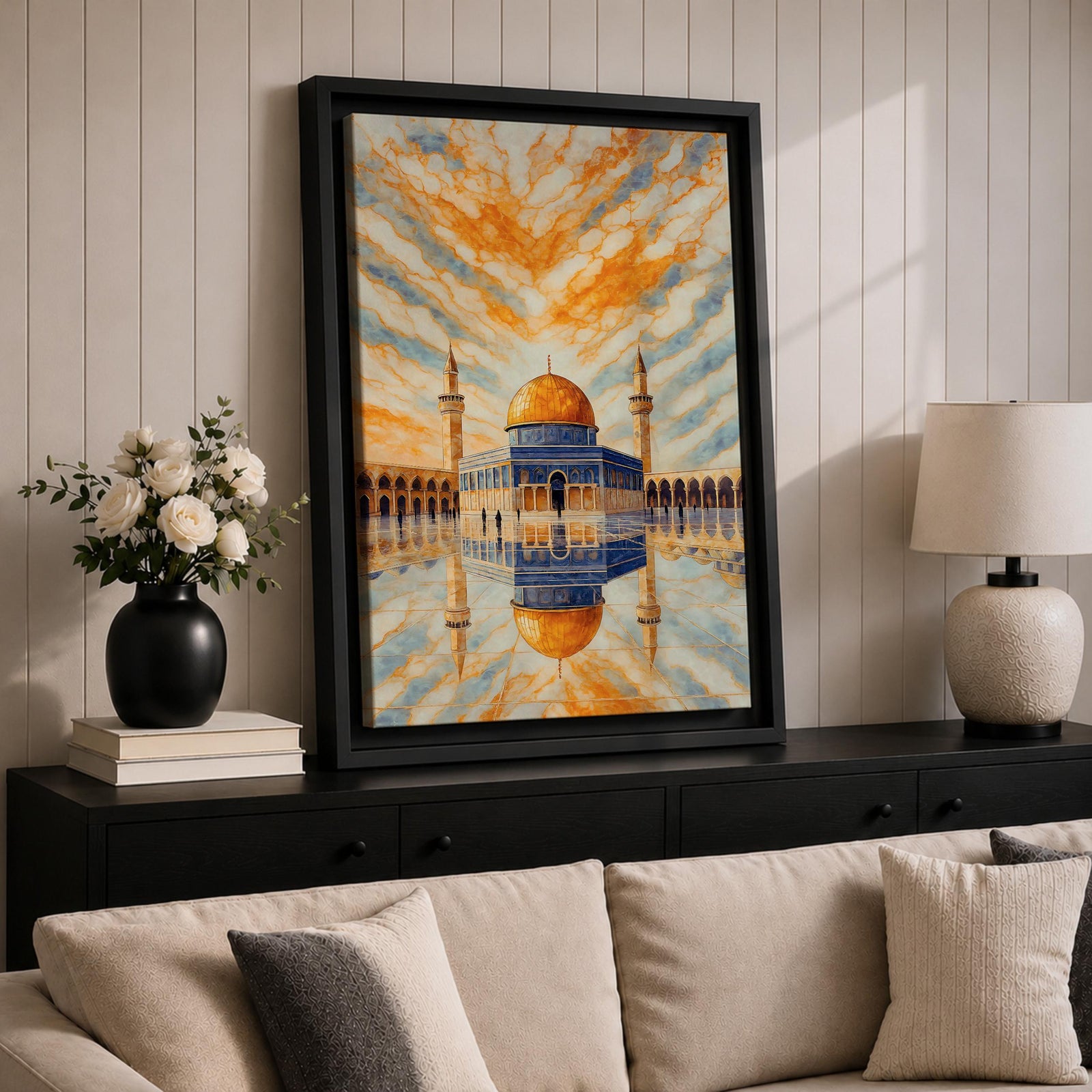 Masjid Al Aqsa wall art featuring the golden dome of the Dome of the Rock in Jerusalem with a reflective courtyard and dramatic sky above the mosque. Islamic architecture artwork capturing the beauty of the holy site in framed canvas decor for Muslim homes.