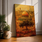 Masjid Al Aqsa wall art featuring the golden dome in Jerusalem’s Old City with historic Islamic architecture and warm vintage tones. Artistic depiction of the sacred mosque and surrounding skyline with an olive tree in the foreground, framed canvas decor for Muslim homes.