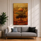 Masjid Al Aqsa wall art featuring the golden dome in Jerusalem’s Old City with historic Islamic architecture and warm vintage tones. Artistic depiction of the sacred mosque and surrounding skyline with an olive tree in the foreground, framed canvas decor for Muslim homes.