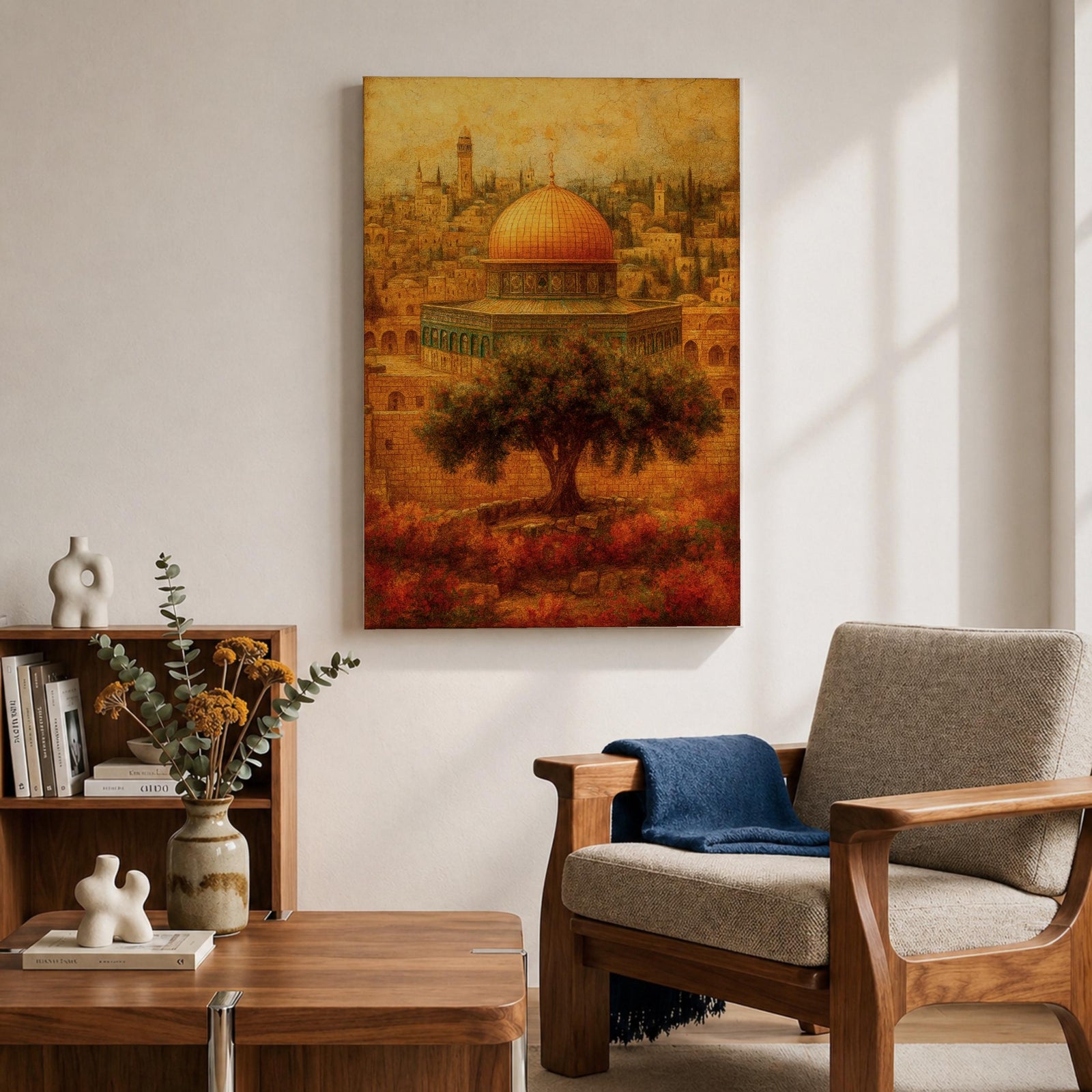 Masjid Al Aqsa wall art featuring the golden dome in Jerusalem’s Old City with historic Islamic architecture and warm vintage tones. Artistic depiction of the sacred mosque and surrounding skyline with an olive tree in the foreground, framed canvas decor for Muslim homes.