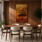 Masjid Al Aqsa wall art featuring the golden dome in Jerusalem’s Old City with historic Islamic architecture and warm vintage tones. Artistic depiction of the sacred mosque and surrounding skyline with an olive tree in the foreground, framed canvas decor for Muslim homes.