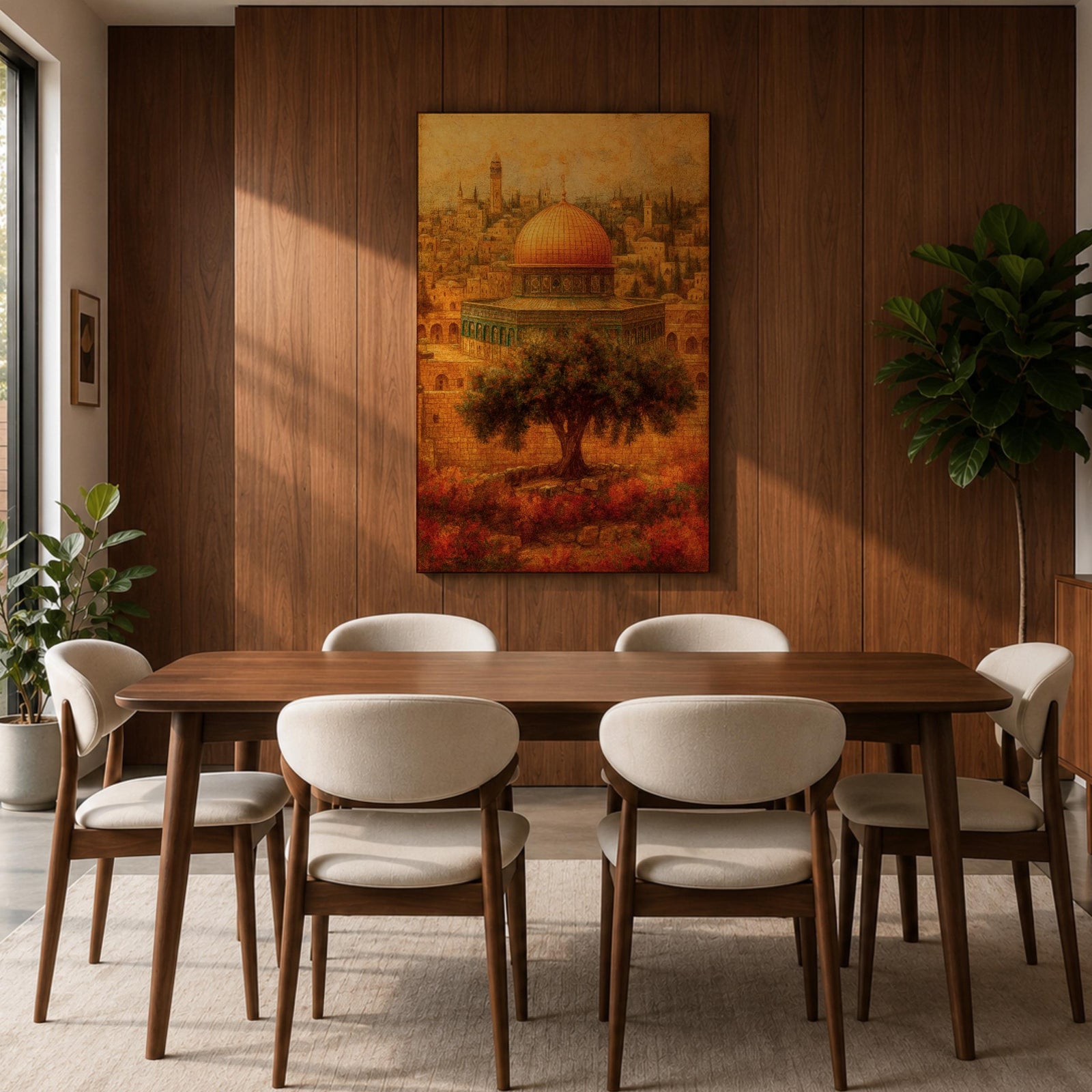 Masjid Al Aqsa wall art featuring the golden dome in Jerusalem’s Old City with historic Islamic architecture and warm vintage tones. Artistic depiction of the sacred mosque and surrounding skyline with an olive tree in the foreground, framed canvas decor for Muslim homes.
