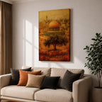 Masjid Al Aqsa wall art featuring the golden dome in Jerusalem’s Old City with historic Islamic architecture and warm vintage tones. Artistic depiction of the sacred mosque and surrounding skyline with an olive tree in the foreground, framed canvas decor for Muslim homes.