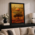 Masjid Al Aqsa wall art featuring the golden dome in Jerusalem’s Old City with historic Islamic architecture and warm vintage tones. Artistic depiction of the sacred mosque and surrounding skyline with an olive tree in the foreground, framed canvas decor for Muslim homes.
