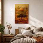 Masjid Al Aqsa wall art featuring the golden dome in Jerusalem’s Old City with historic Islamic architecture and warm vintage tones. Artistic depiction of the sacred mosque and surrounding skyline with an olive tree in the foreground, framed canvas decor for Muslim homes.