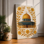 Masjed Al-Aqsa wall art featuring the golden Dome of the Rock in Jerusalem surrounded by elegant gold floral embroidery patterns. Islamic artwork highlighting the sacred mosque architecture with decorative floral design, displayed as framed canvas decor for Muslim homes.