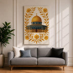 Masjed Al-Aqsa wall art featuring the golden Dome of the Rock in Jerusalem surrounded by elegant gold floral embroidery patterns. Islamic artwork highlighting the sacred mosque architecture with decorative floral design, displayed as framed canvas decor for Muslim homes.
