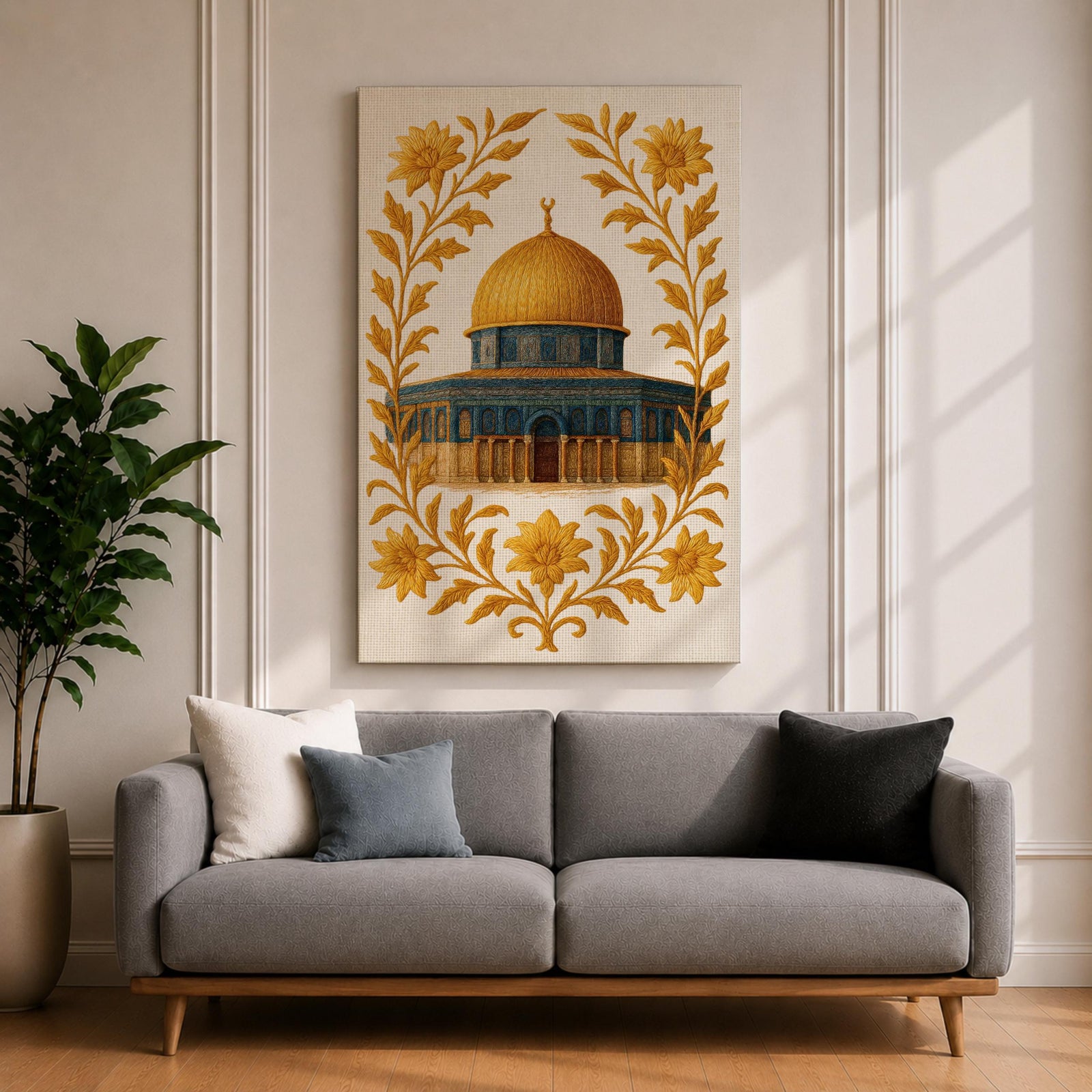 Masjed Al-Aqsa wall art featuring the golden Dome of the Rock in Jerusalem surrounded by elegant gold floral embroidery patterns. Islamic artwork highlighting the sacred mosque architecture with decorative floral design, displayed as framed canvas decor for Muslim homes.