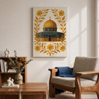 Masjed Al-Aqsa wall art featuring the golden Dome of the Rock in Jerusalem surrounded by elegant gold floral embroidery patterns. Islamic artwork highlighting the sacred mosque architecture with decorative floral design, displayed as framed canvas decor for Muslim homes.
