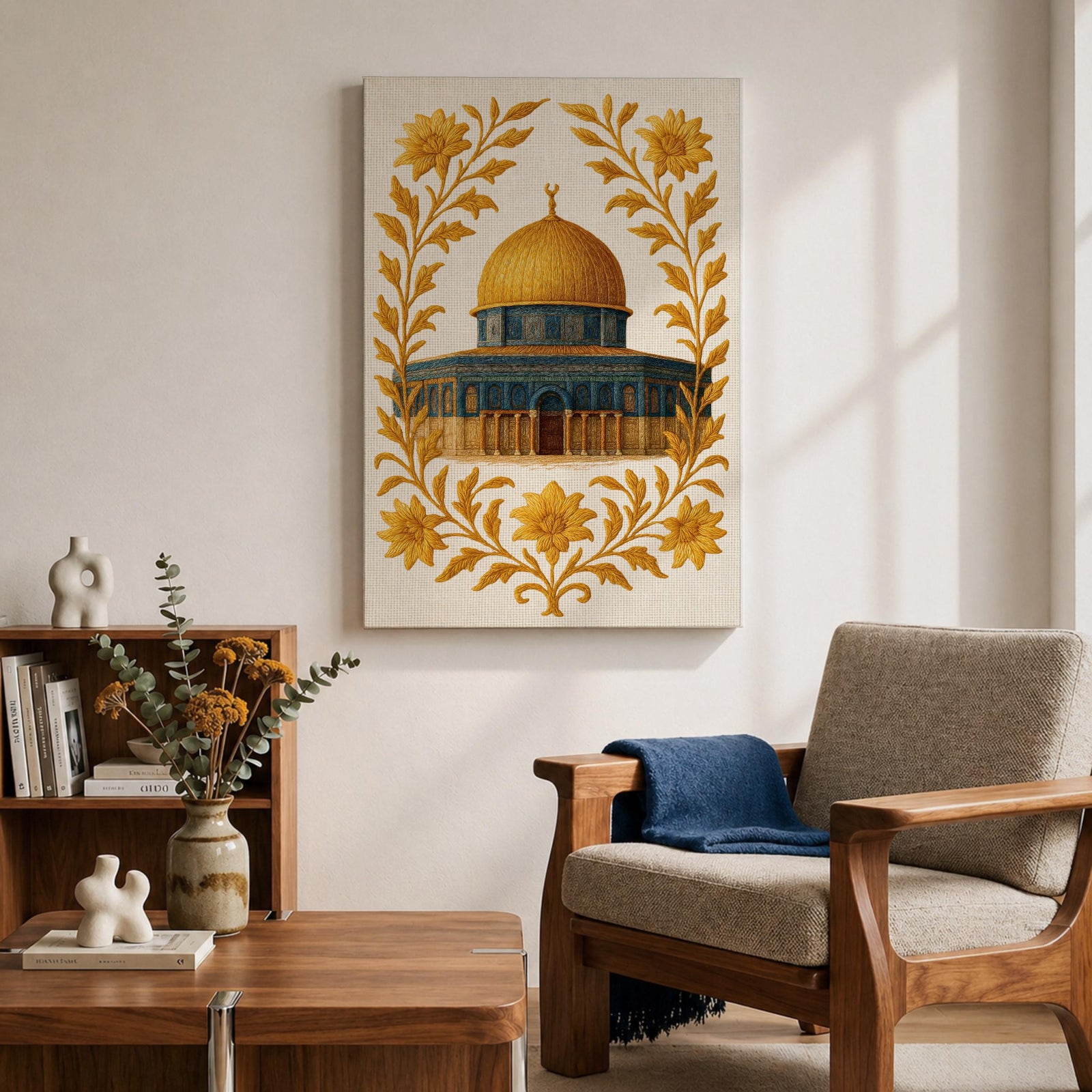 Masjed Al-Aqsa wall art featuring the golden Dome of the Rock in Jerusalem surrounded by elegant gold floral embroidery patterns. Islamic artwork highlighting the sacred mosque architecture with decorative floral design, displayed as framed canvas decor for Muslim homes.