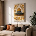 Masjed Al-Aqsa wall art featuring the golden Dome of the Rock in Jerusalem surrounded by elegant gold floral embroidery patterns. Islamic artwork highlighting the sacred mosque architecture with decorative floral design, displayed as framed canvas decor for Muslim homes.