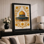 Masjed Al-Aqsa wall art featuring the golden Dome of the Rock in Jerusalem surrounded by elegant gold floral embroidery patterns. Islamic artwork highlighting the sacred mosque architecture with decorative floral design, displayed as framed canvas decor for Muslim homes.