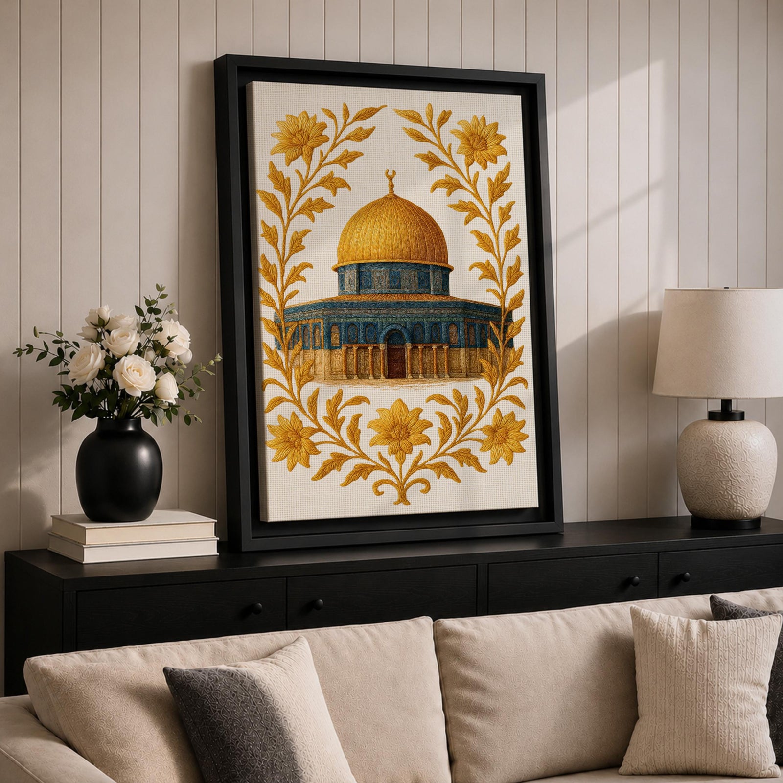 Masjed Al-Aqsa wall art featuring the golden Dome of the Rock in Jerusalem surrounded by elegant gold floral embroidery patterns. Islamic artwork highlighting the sacred mosque architecture with decorative floral design, displayed as framed canvas decor for Muslim homes.
