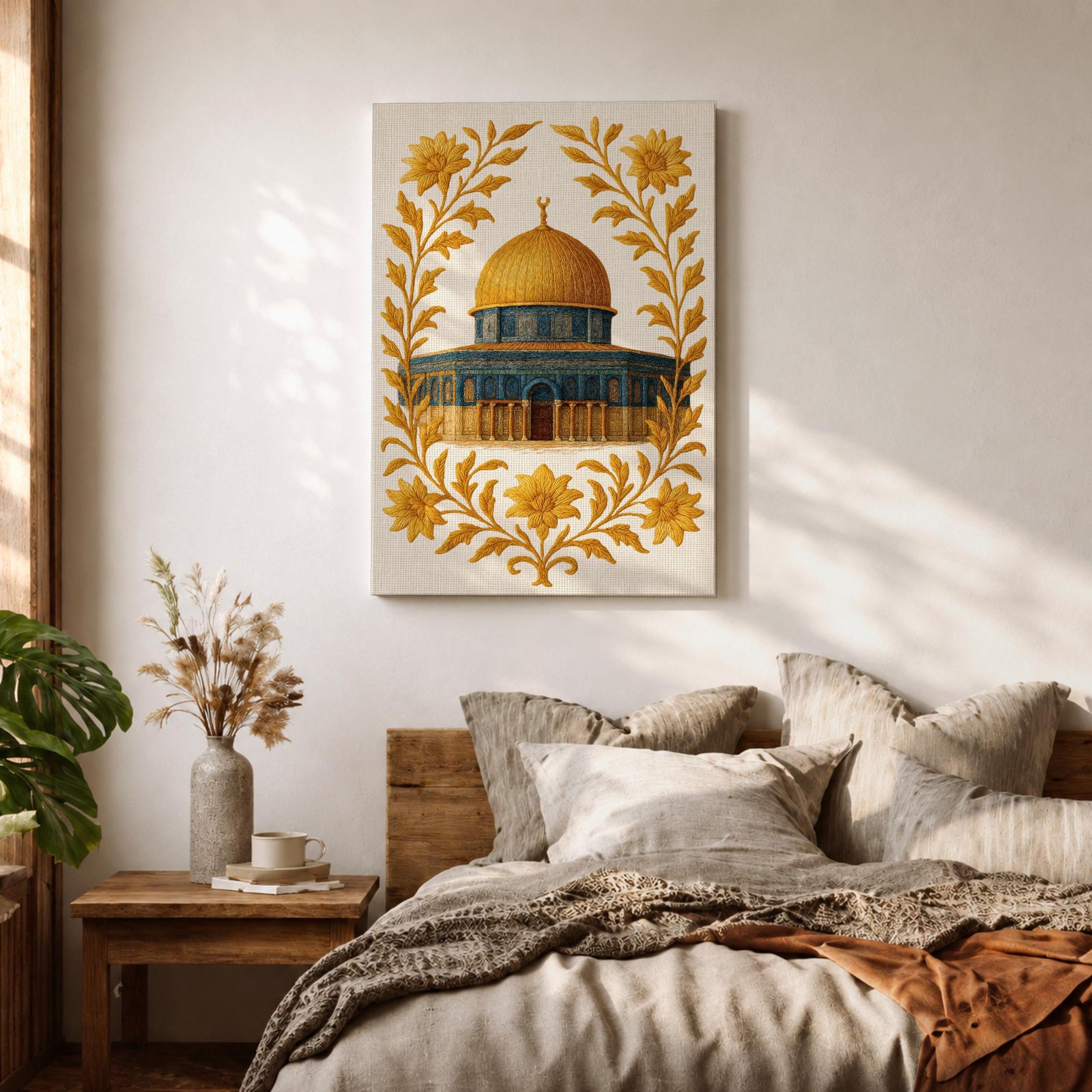 Masjed Al-Aqsa wall art featuring the golden Dome of the Rock in Jerusalem surrounded by elegant gold floral embroidery patterns. Islamic artwork highlighting the sacred mosque architecture with decorative floral design, displayed as framed canvas decor for Muslim homes.