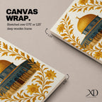 Masjed Al-Aqsa wall art featuring the golden Dome of the Rock in Jerusalem surrounded by elegant gold floral embroidery patterns. Islamic artwork highlighting the sacred mosque architecture with decorative floral design, displayed as framed canvas decor for Muslim homes.