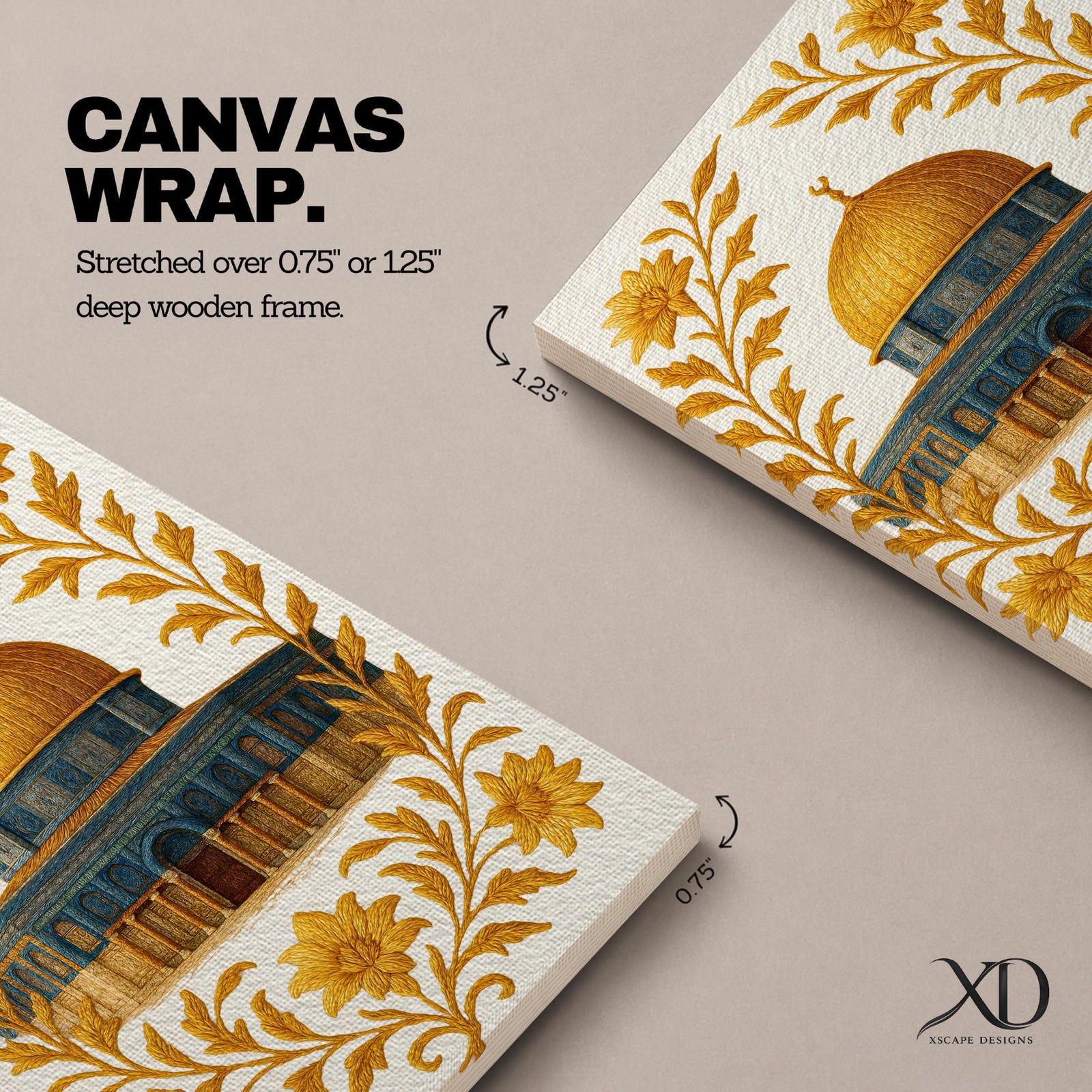 Masjed Al-Aqsa wall art featuring the golden Dome of the Rock in Jerusalem surrounded by elegant gold floral embroidery patterns. Islamic artwork highlighting the sacred mosque architecture with decorative floral design, displayed as framed canvas decor for Muslim homes.
