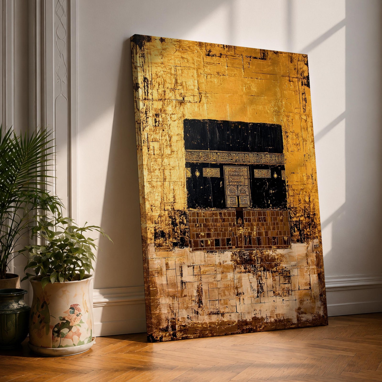 Kaaba wall art featuring the sacred Kaaba at Masjid al-Haram in Mecca with a gold textured background. Islamic artwork inspired by the Hajj and Umrah pilgrimage showing the holy mosque and Kaaba structure. Framed canvas Islamic decor for Muslim homes and prayer spaces.